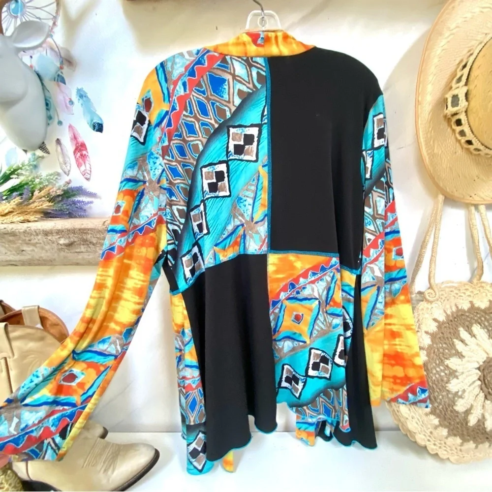 Funky patchwork vibe open front boho cardigan w resort vacay feel - Picture 8 of 10
